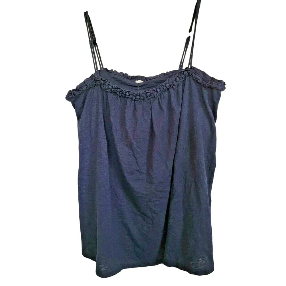 J. Crew L Braided Strap Cami Top Navy Blue Cotton Slub Ruffle Tank‎ Large NWT